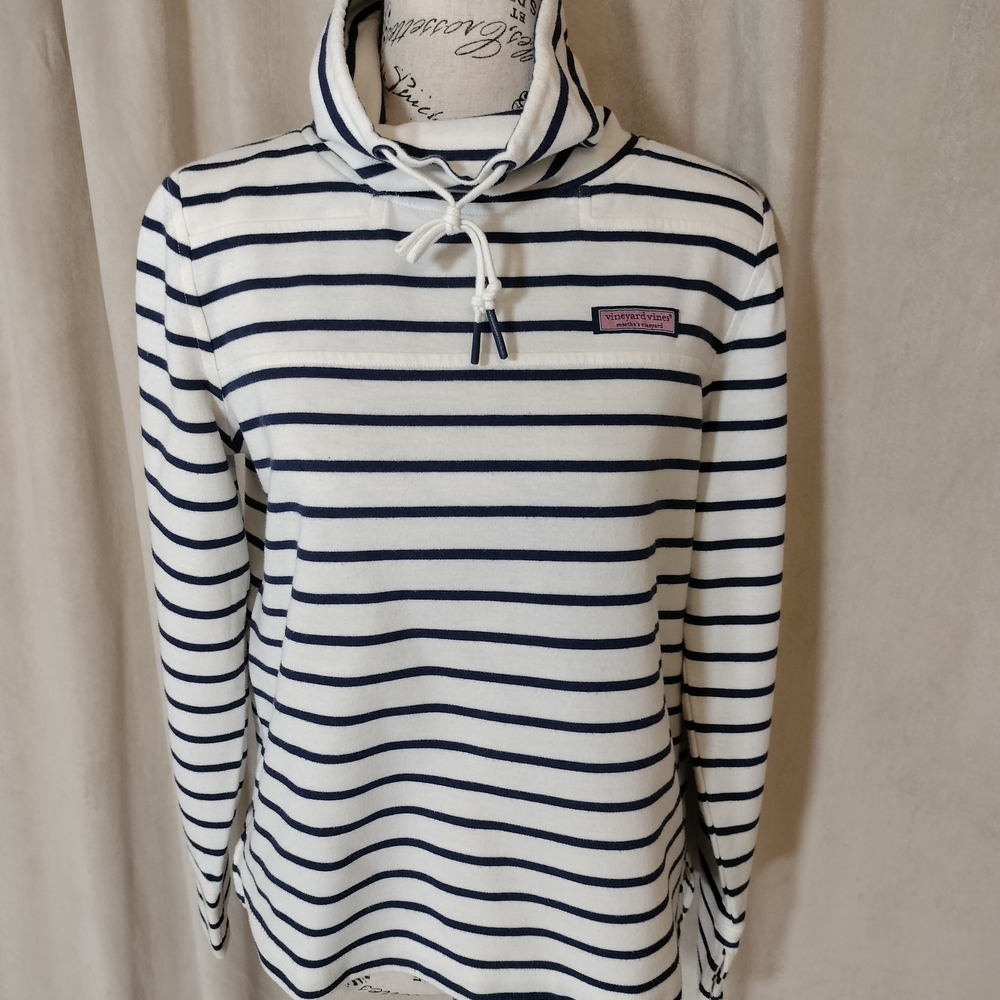 Vineyard Vines Long Sleeve Funnel Neck Ivory w/Navy Stripes Pullover Top.Size XS